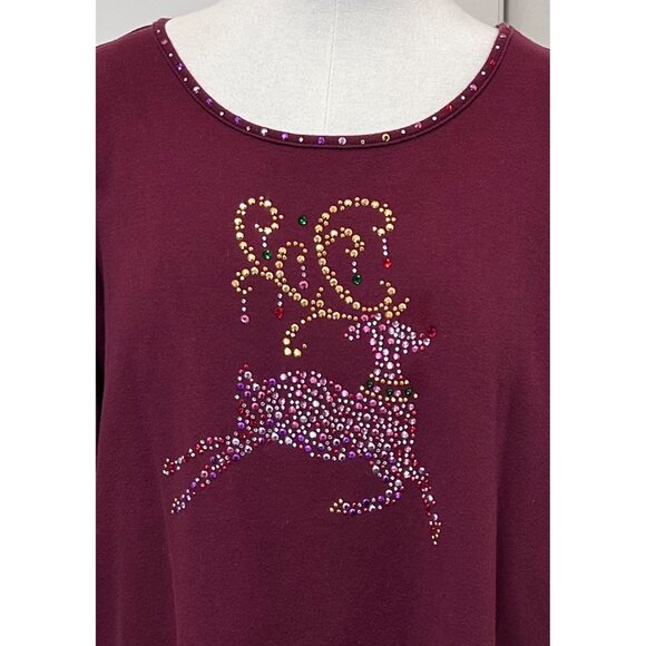 Quacker Factory Women’s Holiday Reindeer Top With Rhinestones Burgundy Wine 2X - Picture 3 of 10